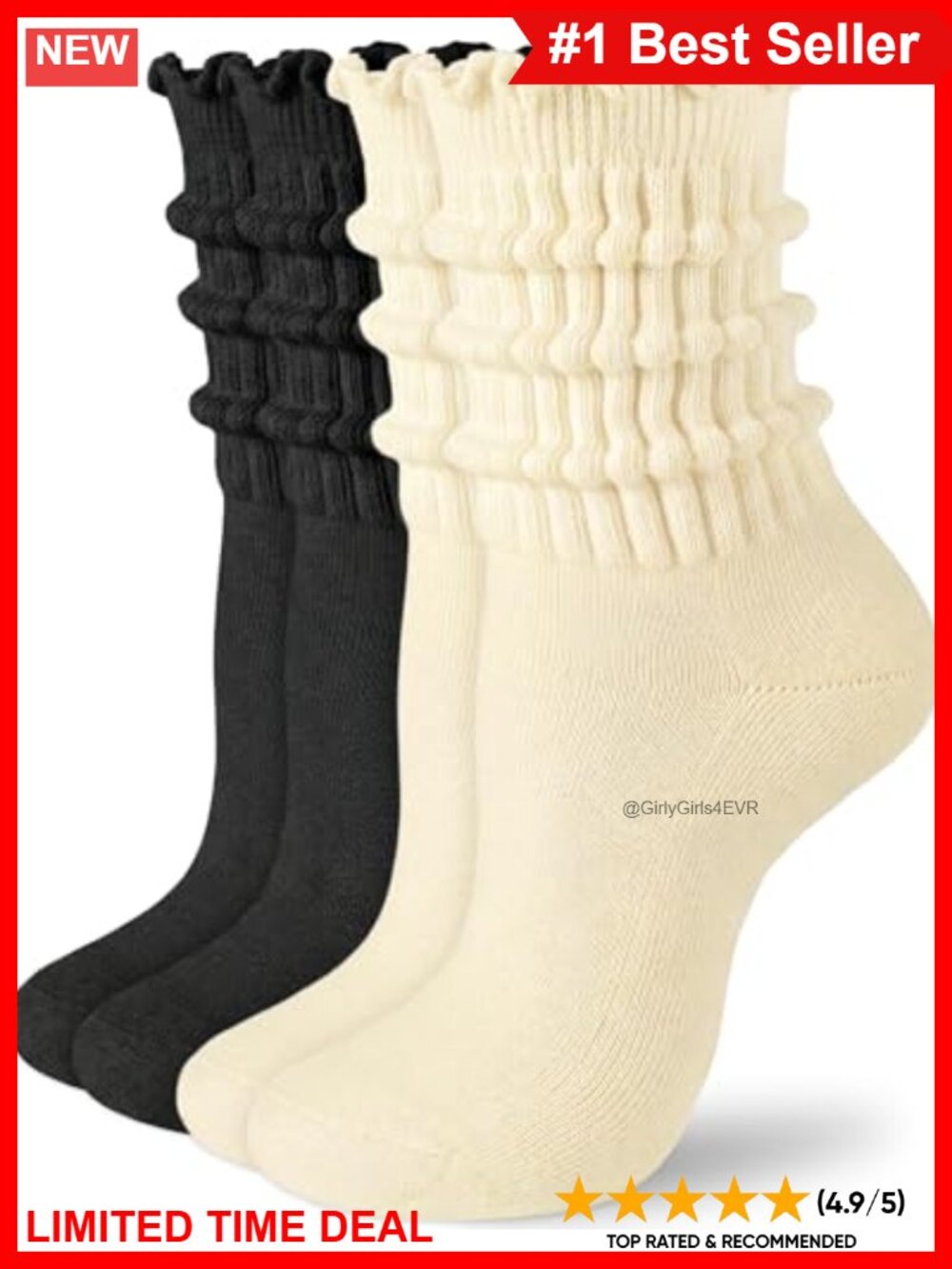 Cotton Slouchy Scrunch Crew Socks Mid-Calf Women's Ribbed Ruffle